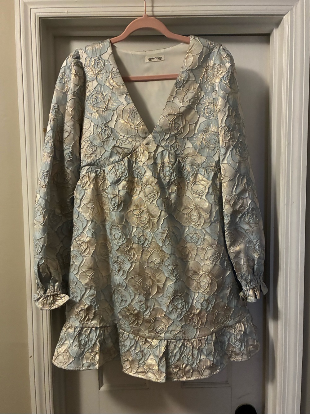 Carole Christian  Metallic Blue and Gold Floral Jacquard Mini Dress